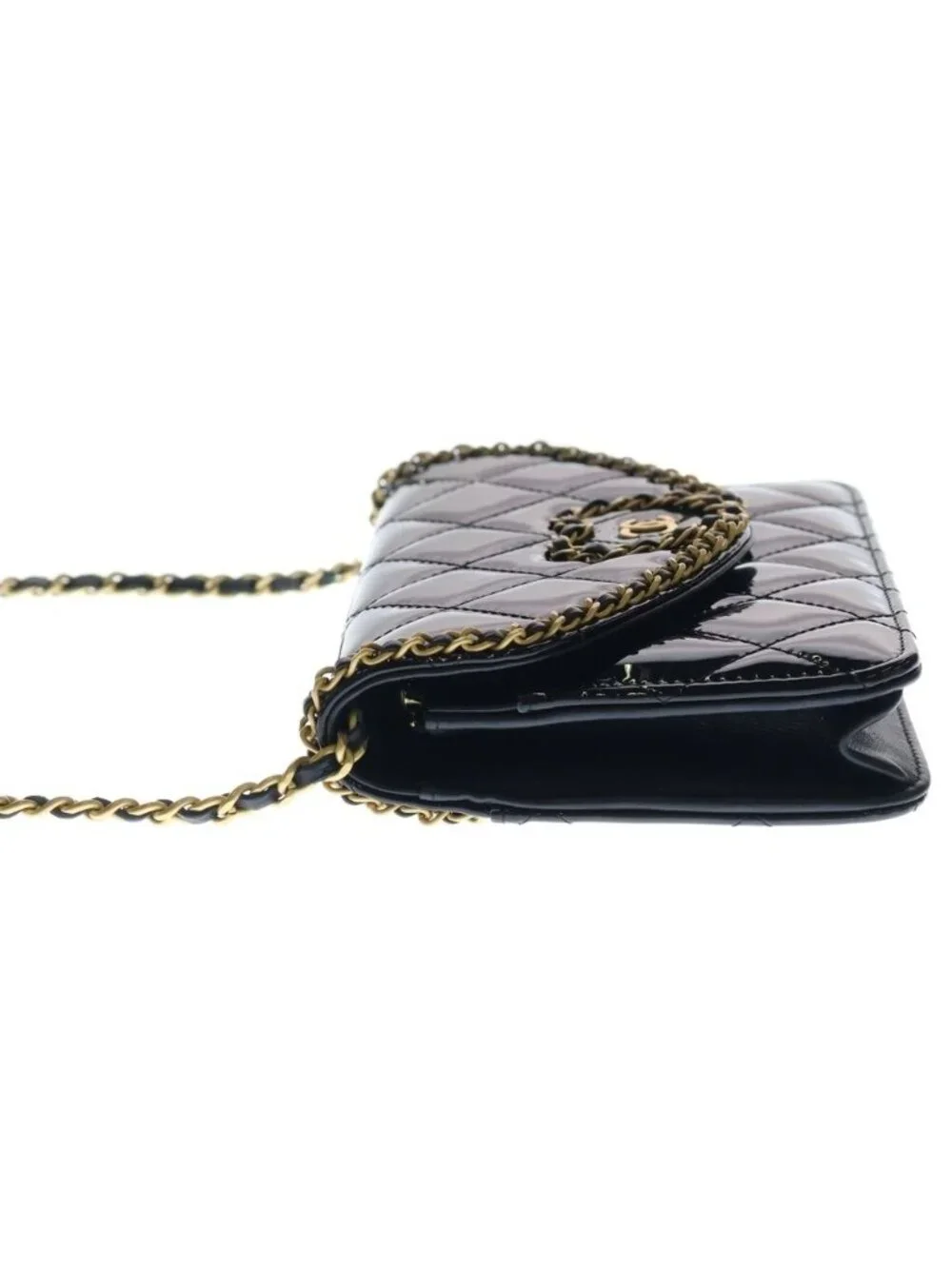 Chanel Quilted Patent Heart Chain Mini Shoulder Bag Black Gold